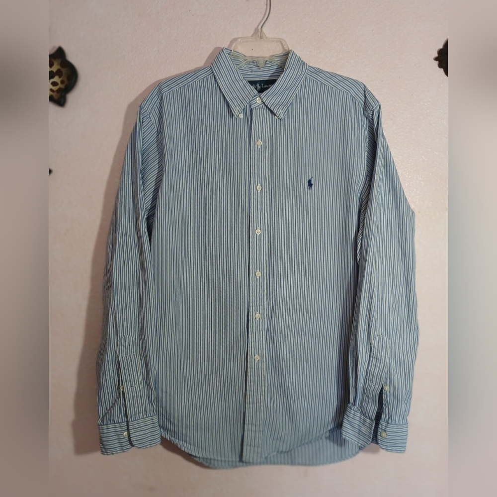 Raulph Lauren Classic Fit Light Blue Striped Button-Up Long Sleeve Shirt Size L